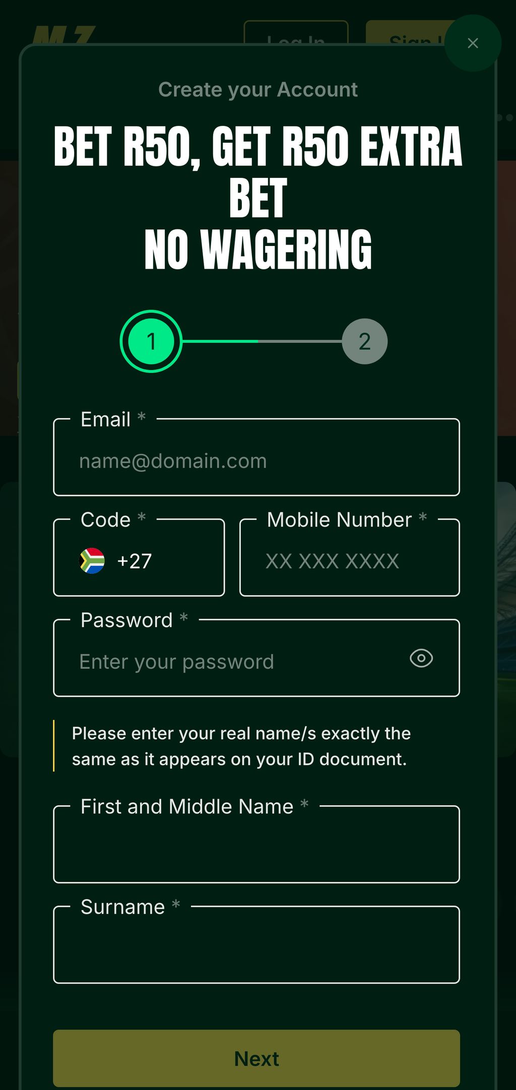 Mzansibet registration