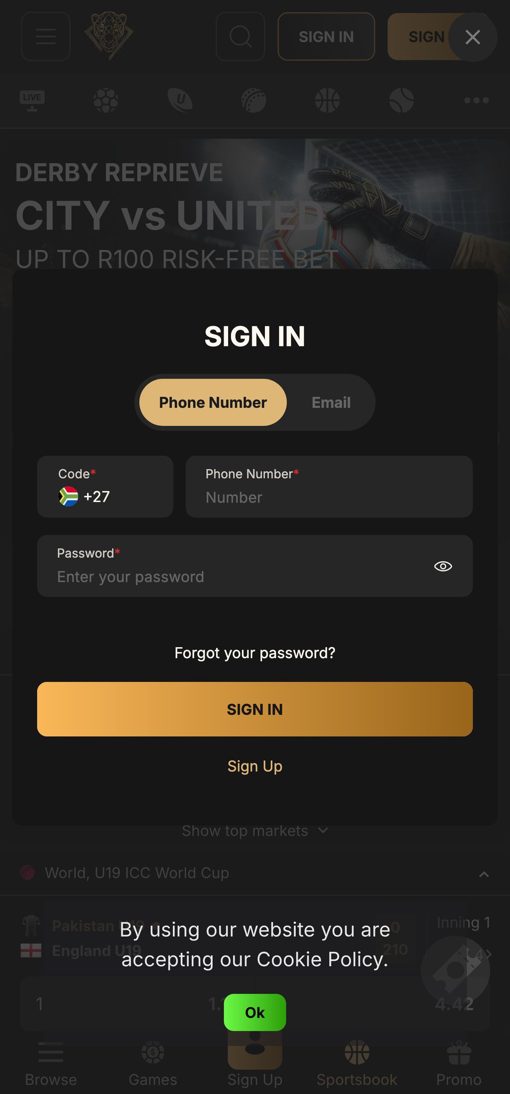 PantherBet login form with Phone Number