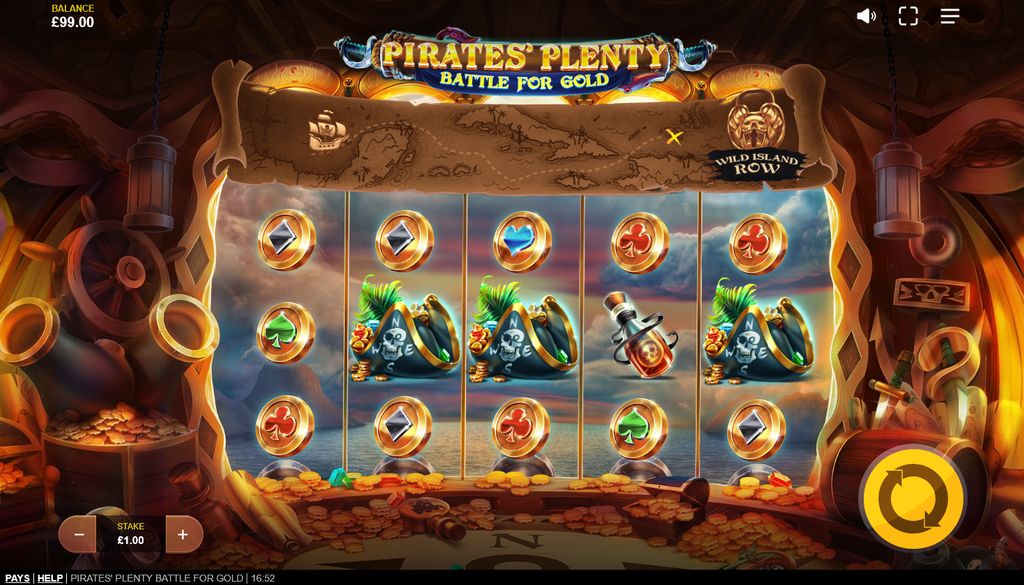Pirates' Plenty Battle For Gold base game with the locked Wild Island Row above the reels