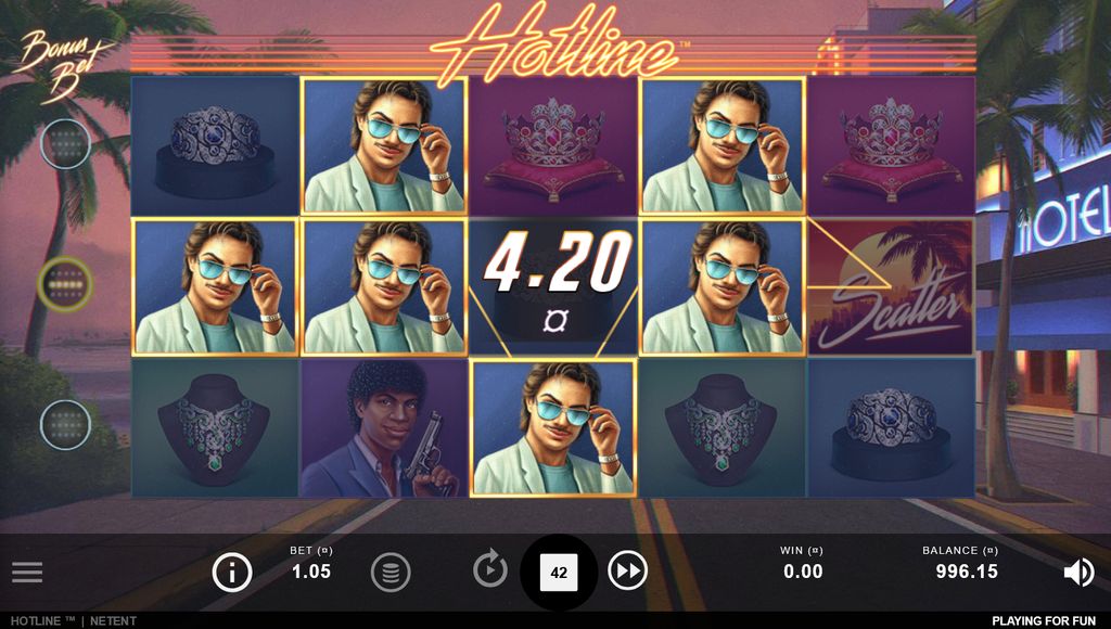 A typical base-game spin showing the middle row as the only active Hotline