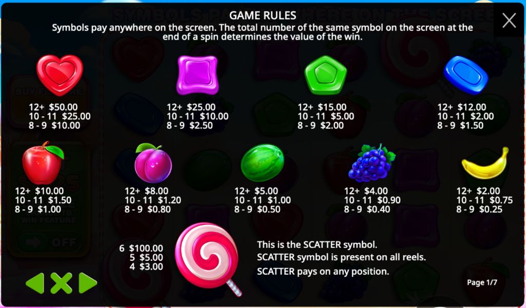 Sweet Bonanza symbol payouts and Scatter values.