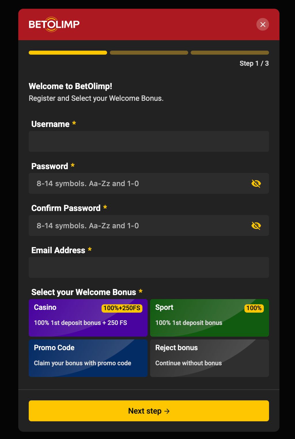 BetOlimp registration form — Step 1 of 3, where you set your login credentials and choose a welcome bonus