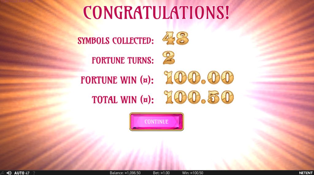 End-of-round summary showing collected symbols, fortune turns and total round payout