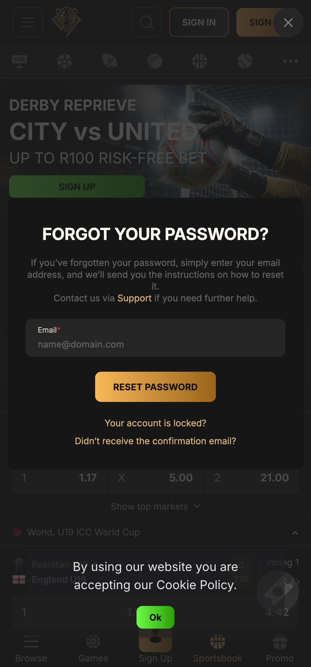 PantherBet password reset