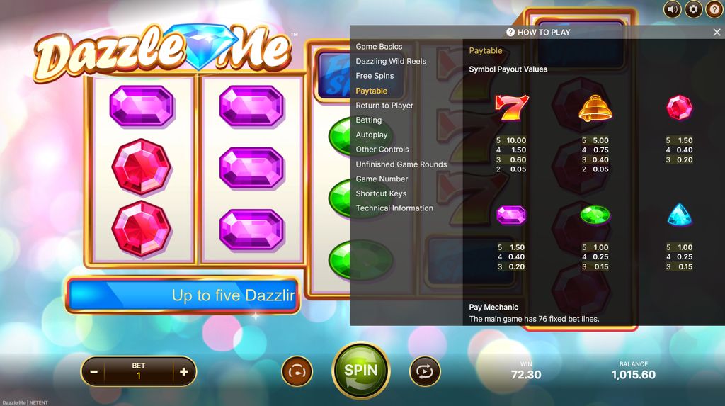 In-game paytable for Dazzle Me