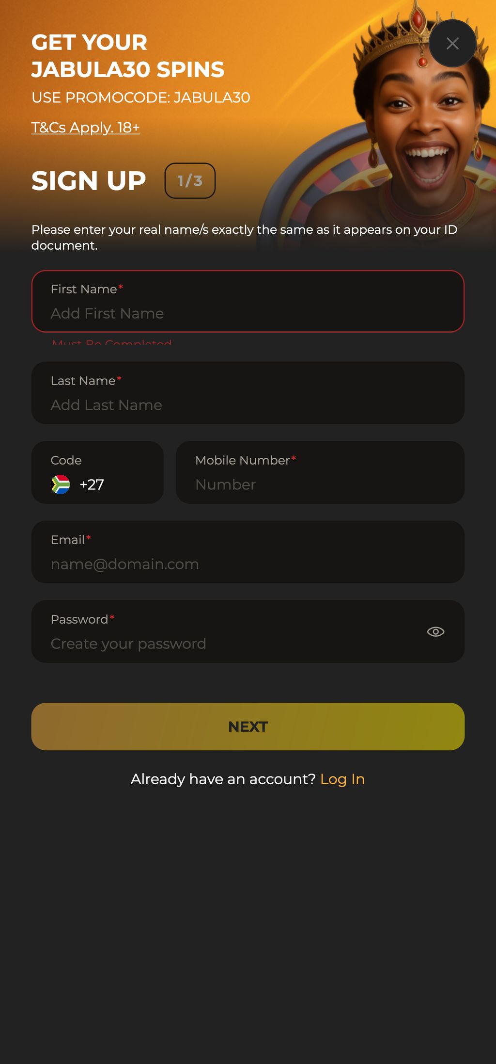 JabulaBets sign-up page