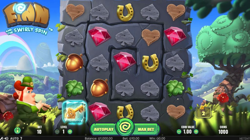 Finn and the Swirly Spin features a 5×5 spiral grid with the Free Spins Key locked in the bottom-left corner