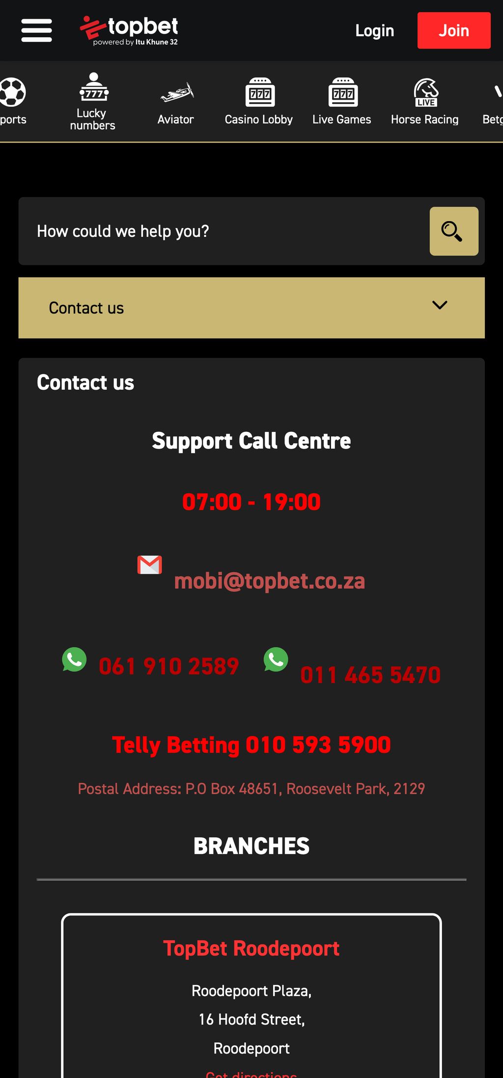 TopBet support page