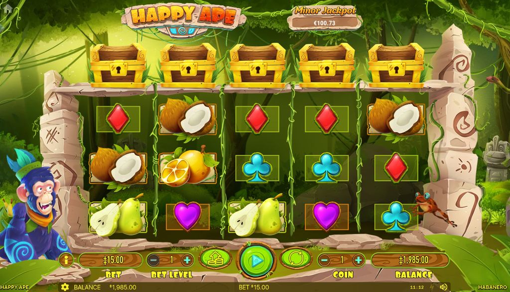 The Happy Ape slot main screen with treasure chests above each reel and the Minor Jackpot meter on display