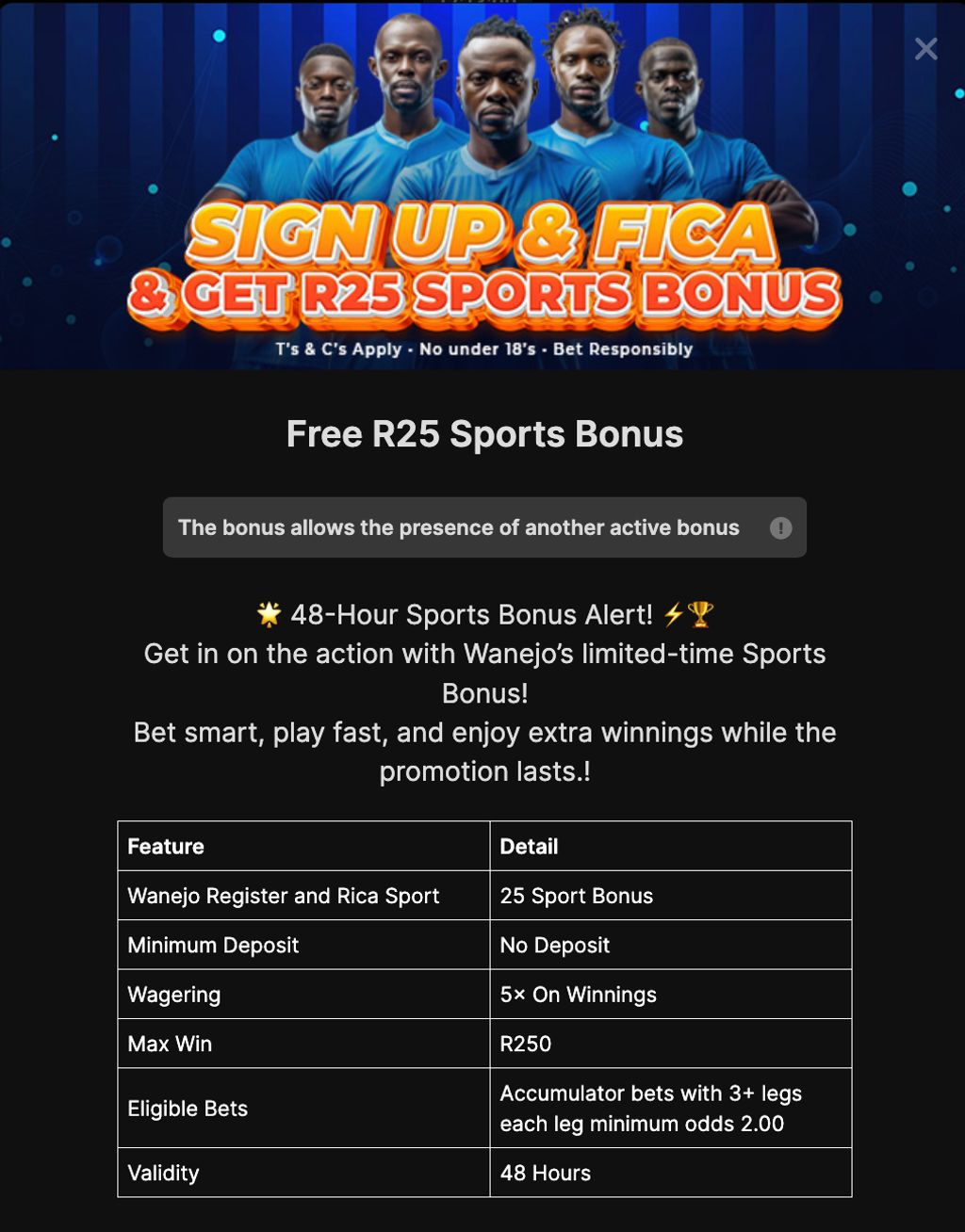 Details of the WanejoBets R25 no-deposit sports bonus for new players.