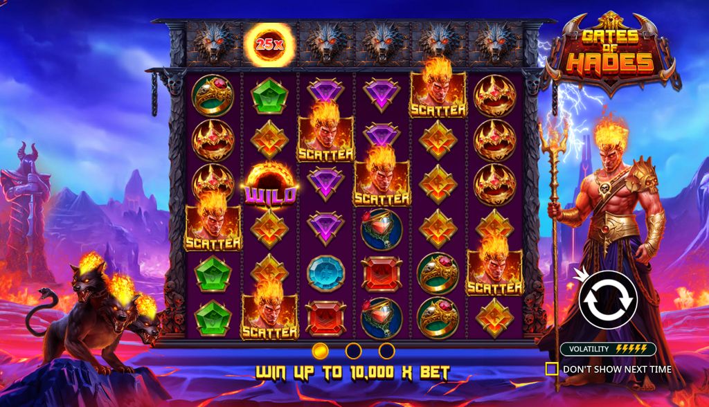 Gates of Hades intro screen showing Wild multiplier, Scatter symbols and the 10,000x max win