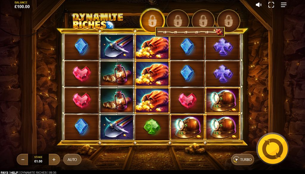 Dynamite Riches base game — 5×4 grid with mining-themed symbols and the progression fuse above the reels