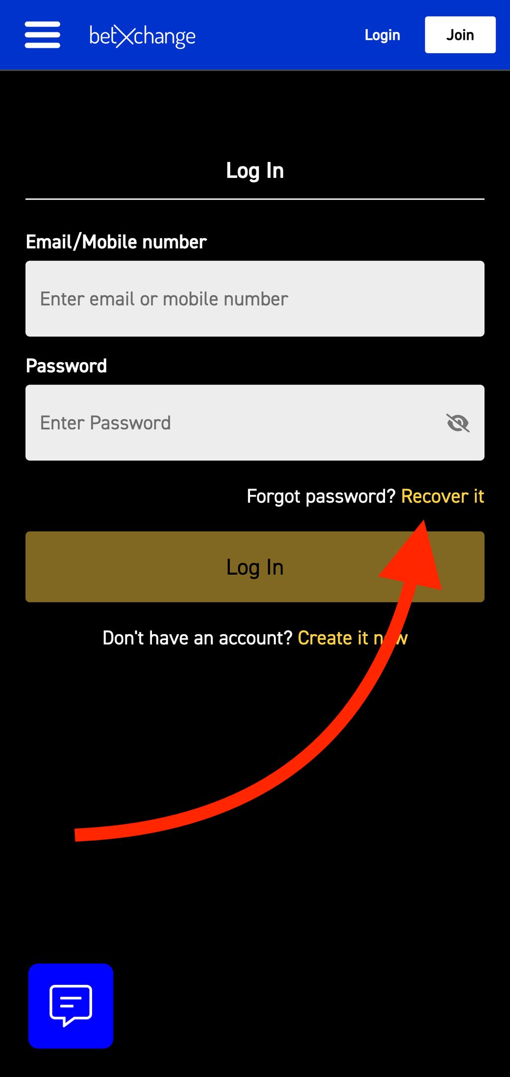 Reset password at BetXChange
