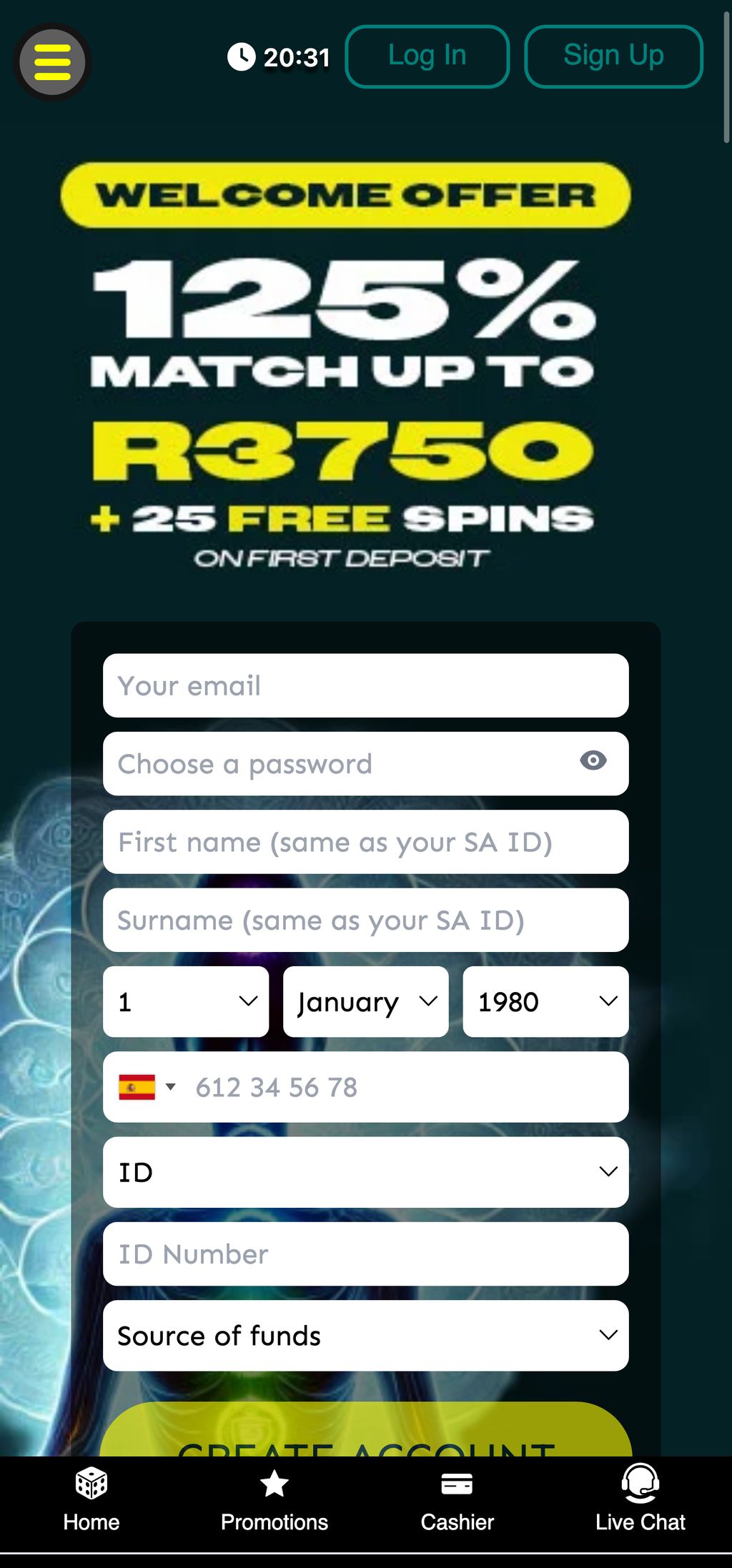 Welcome bonus at Zarbet - 125% match up to R3750