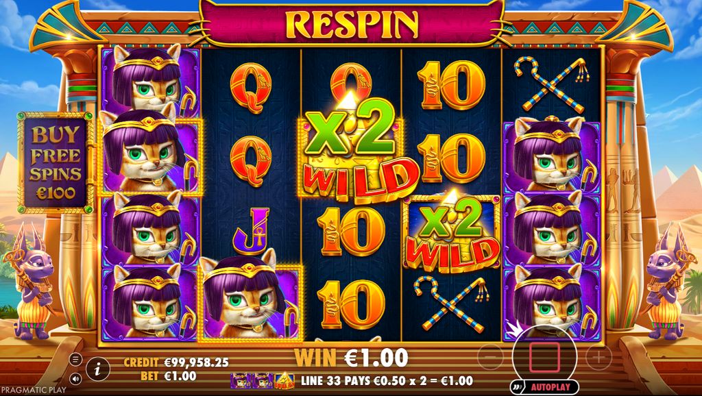 Respin feature with a full stack of cat symbols on reel 1