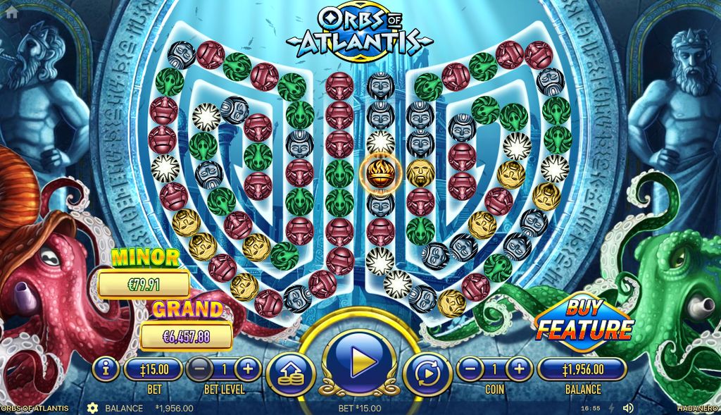 The main play area of Orbs of Atlantis with the two winding paths and visible Minor and Grand jackpot meters.