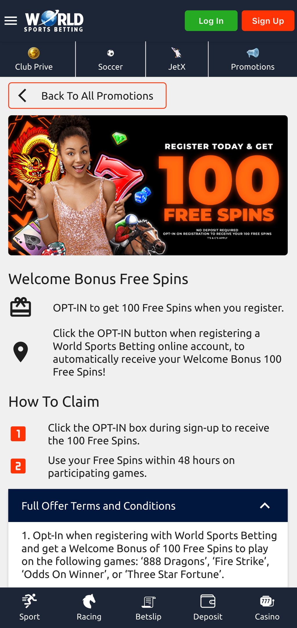 World Sports Betting 100 freespins bonus