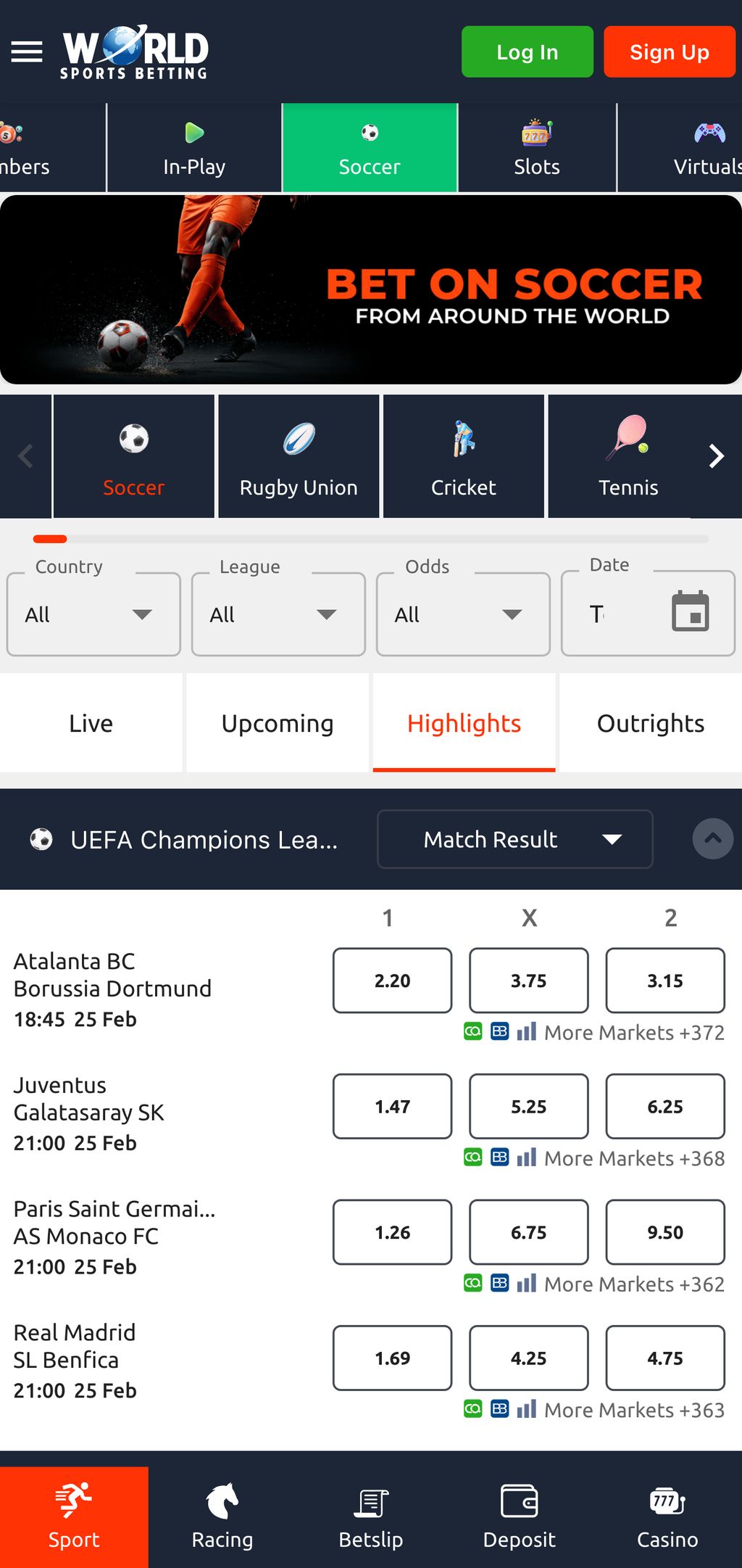 Soccer betting at World Sports Betting