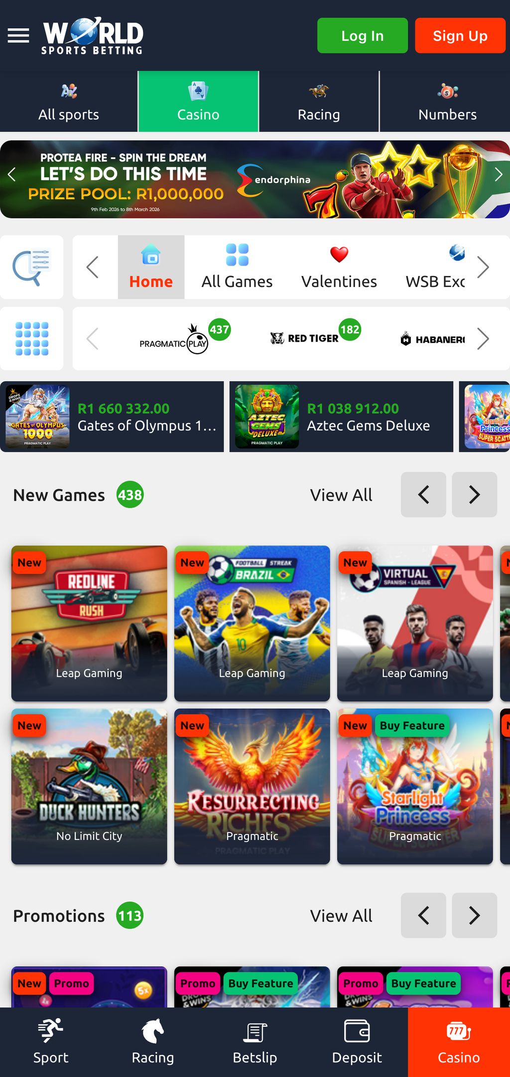 Casino games on World Sports Betting App