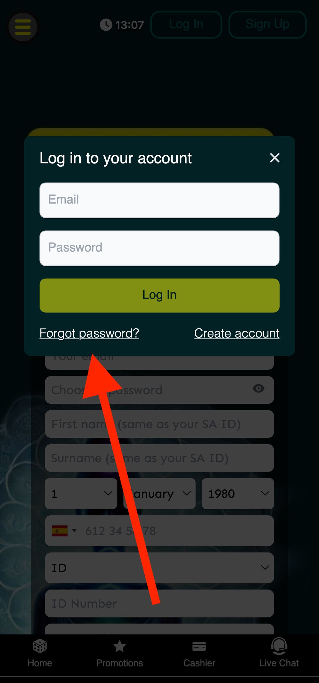ZARbet reset password button