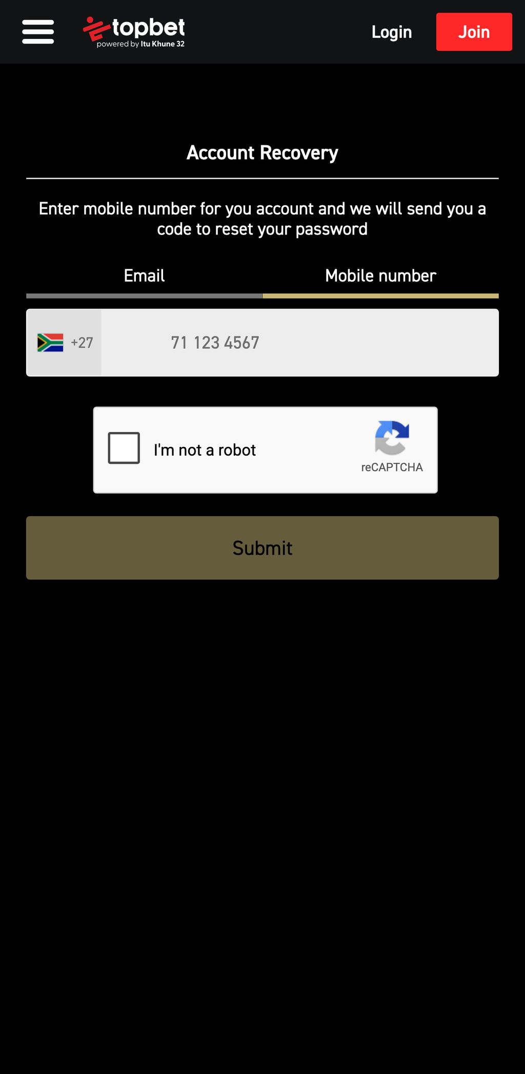 Topbet account recovery — reset your password using your mobile number or email.