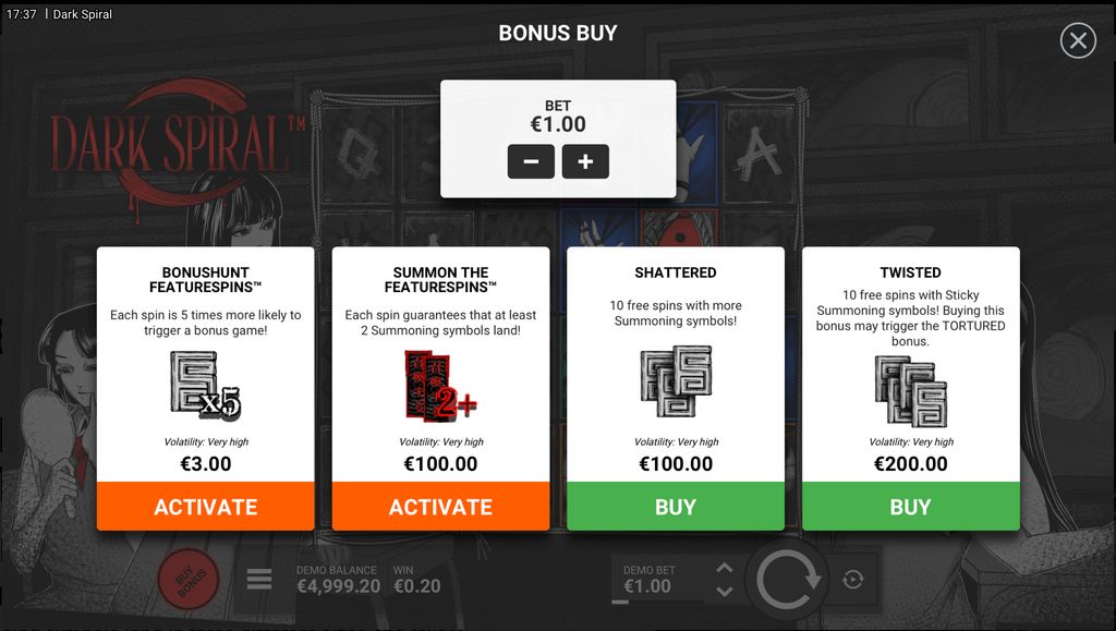 Dark Spiral bonus buy menu with FeatureSpins and Free Spins modes