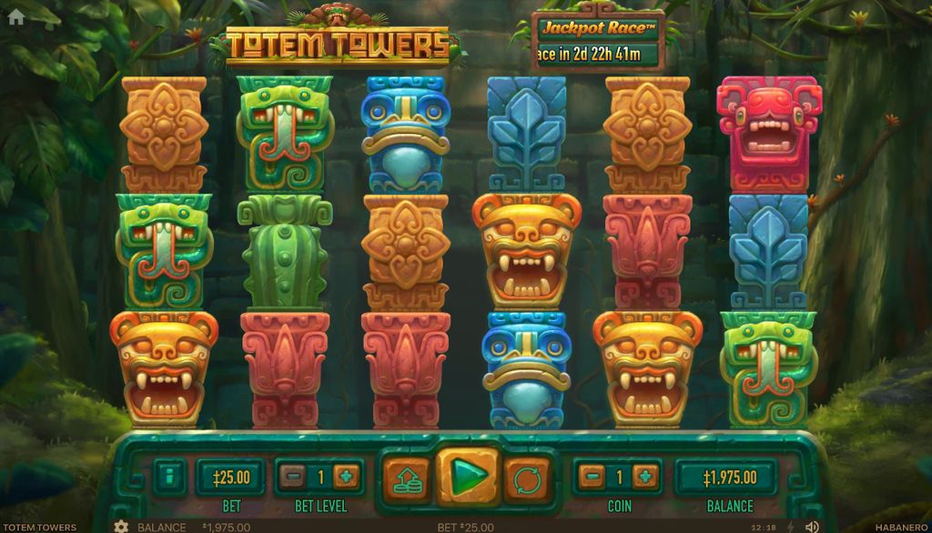  Towers base game showing the 6×3 grid with colorful totem symbols in a jungle temple setting