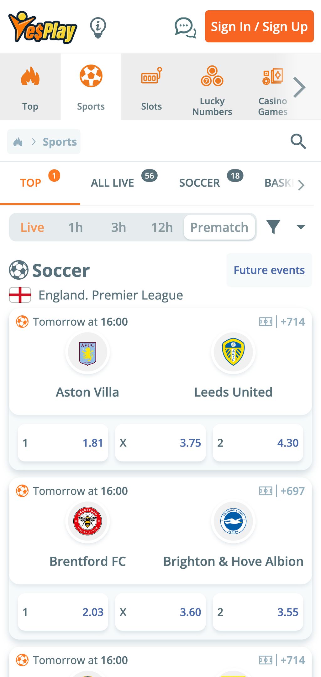 Sports betting on YesPlay mobile app