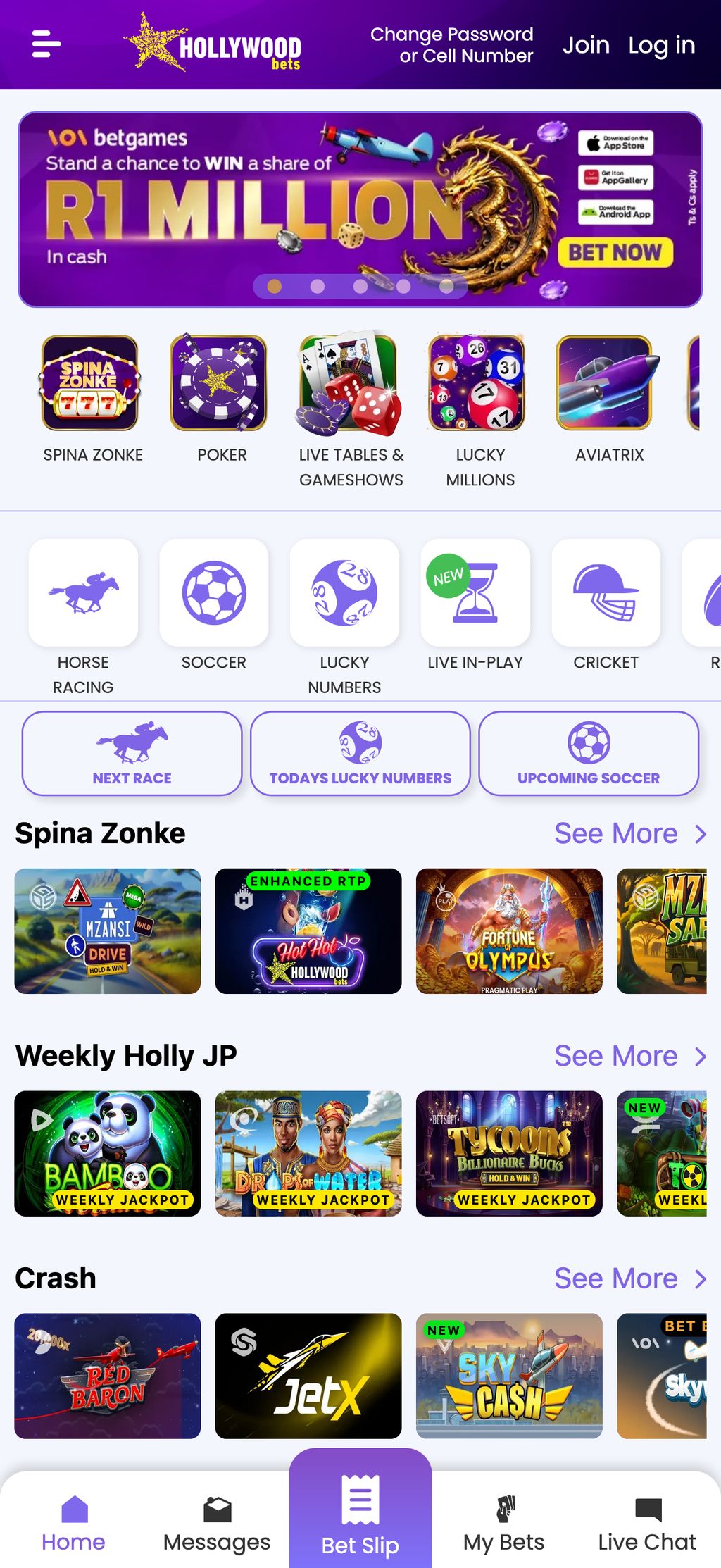 Hollywoodbets homepage showing gaming sections - Spina Zonke casino, Lucky Numbers, Horse Racing, and promotional banners