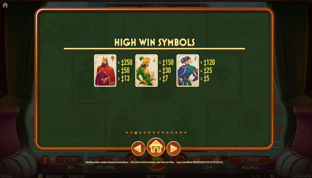 High win symbols and payouts in Scopa slot