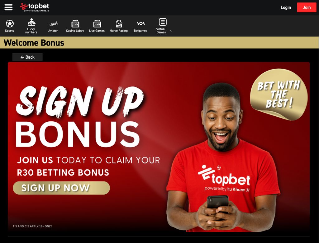 TopBet sign-up bonus page