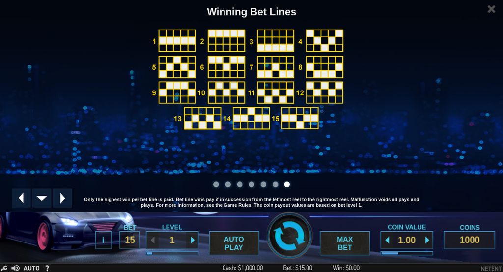 All 15 fixed paylines covering the 5×3 grid in Drive: Multiplier Mayhem