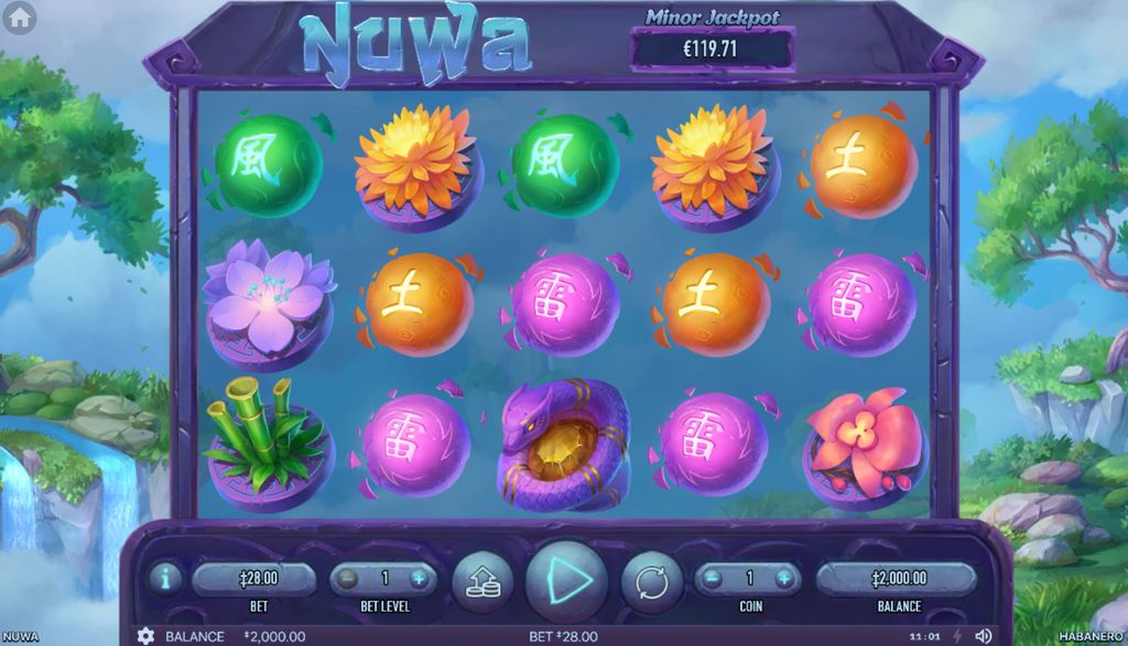 Nuwa slot – base game view with 5x3 grid and elemental symbols